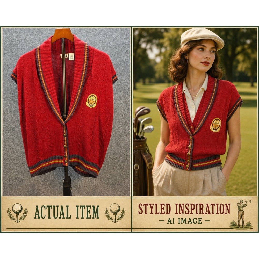 Lucia Vintage Golf Sweater Vest Women L Preppy Shawl Collar Red Large Excellent